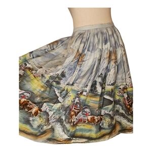 Vintage 1950s Scenic Western Wagon Trail Novelty Print Full Skirt XS/S